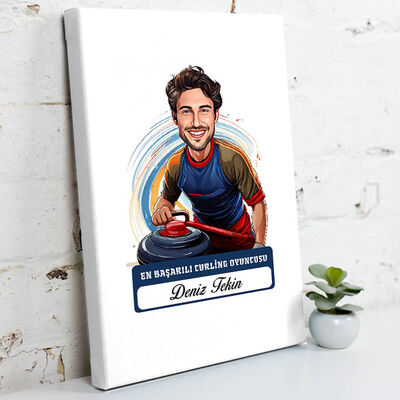 Karikatürlü Erkek Curling Oyuncusu Kanvas Tablo - 1
