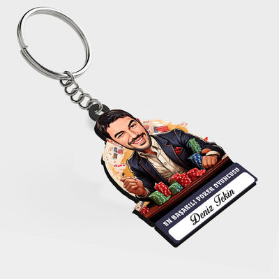 Karikatürlü - Erkek Poker Oyuncusu İsimli Anahtarlık - 1