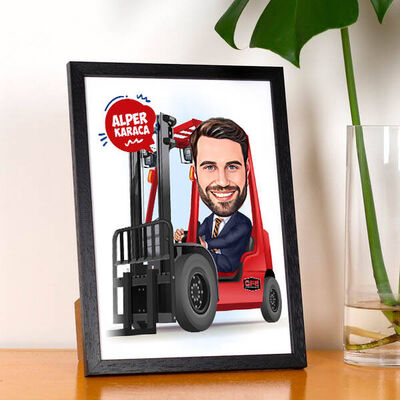 Karikatürlü Forklift Kullanan Adam Resim Çerçevesi - 1