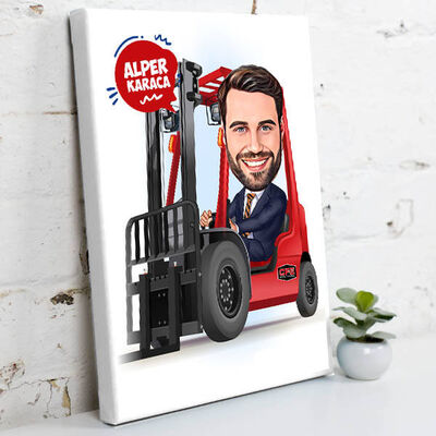 Karikatürlü Forkllft Kullanan Adam Kanvas Tablo - 1