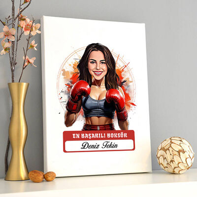 Karikatürlü Kadın Boksör Kanvas Tablo - 2
