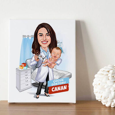 Karikatürlü Kadın Çocuk Doktoru Kanvas Tablo - 1