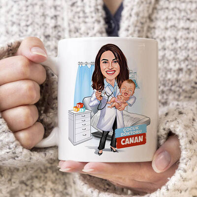 Karikatürlü Kadın Çocuk Doktoru Kupa Bardak - 1