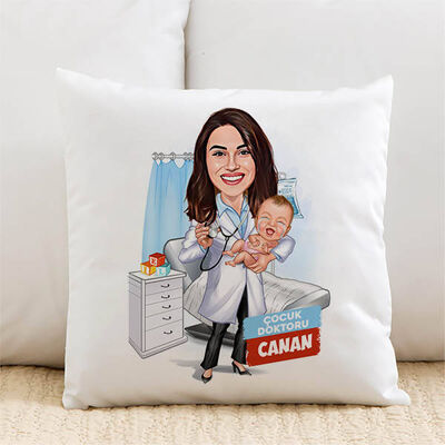 Karikatürlü Kadın Çocuk Doktoru Yastık - 1
