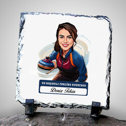 Karikatürlü Kadın Curling Oyuncusu Dekoratif Taş