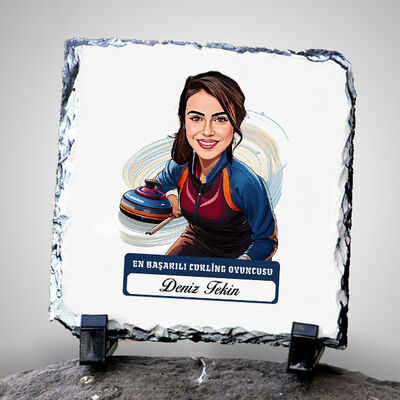 Karikatürlü Kadın Curling Oyuncusu Dekoratif Taş - 1