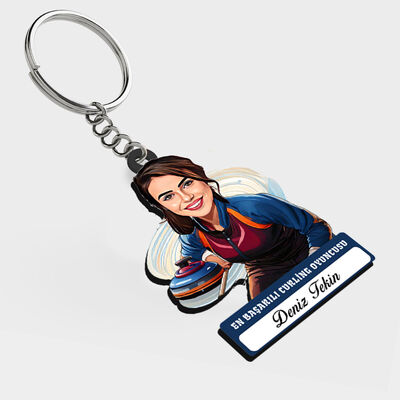 Karikatürlü - Kadın Curling Oyuncusu İsimli Anahtarlık - 1