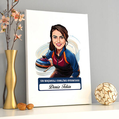 Karikatürlü Kadın Curling Oyuncusu Kanvas Tablo - 2