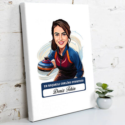 Karikatürlü Kadın Curling Oyuncusu Kanvas Tablo - 1