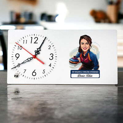 Karikatürlü Kadın Curling Oyuncusu Masa Saati - 1