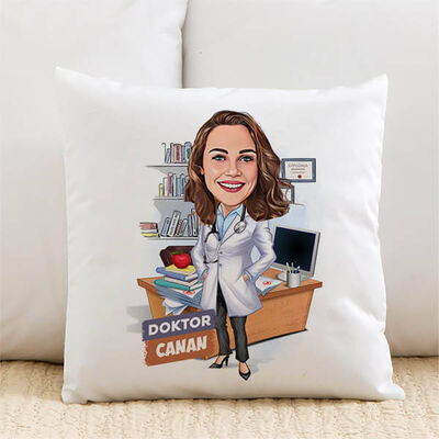 Karikatürlü Kadın Doktor Tasarımlı Yastık - 1