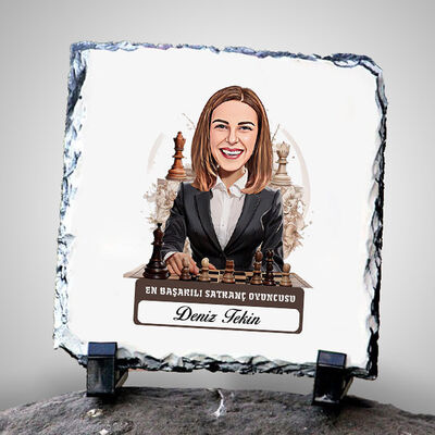 Karikatürlü Kadın Satranç Oyuncusu Dekoratif Taş - 1