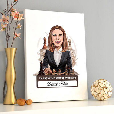 Karikatürlü Kadın Satranç Oyuncusu Kanvas Tablo - 2
