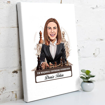 Karikatürlü Kadın Satranç Oyuncusu Kanvas Tablo - 1