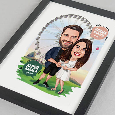 Karikatürlü Luna Parktaki Çiftler Resim Çerçevesi - 1
