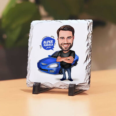 Karikatürlü Spor Araba Tutkunu Erkek Taş Baskı - 1
