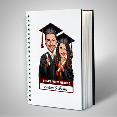 Karikatürlü Üniversiteli Erkek ve Kız Arkadaş Mezuniyet Defter - 1