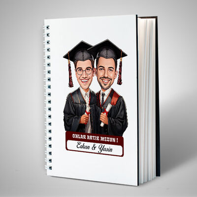 Karikatürlü Üniversiteli İki Erkek Arkadaş Mezuniyet Defter - 1