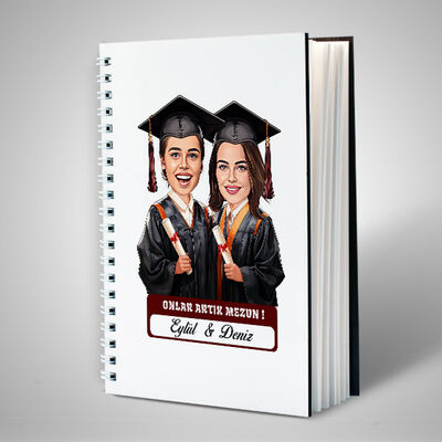 Karikatürlü Üniversiteli İki Kız Arkadaş Mezuniyet Defter - 1