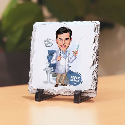 Karikatürlü Yakışıklı Diş Hekimi Taş Baskı - 1
