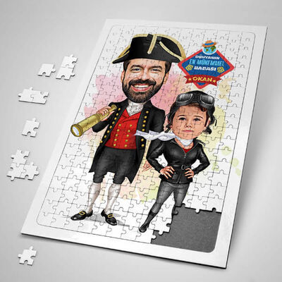 Kaşif Baba ve Kızı Karikatürlü Puzzle - 1