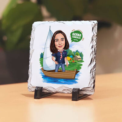 Kayıkla Gezen Kız Karikatürlü Taş Baskı - 1