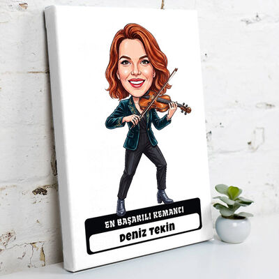 Keman Sanatçısı Müzisyen Kadın Karikatürlü Kanvas Tablo - 1