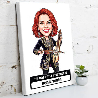 Kemençe Sanatçısı Müzisyen Kadın Karikatürlü Kanvas Tablo - 1