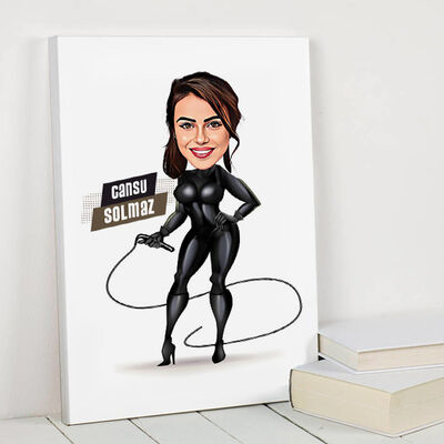 Kırbaçlı Deri Kıyafetli Kadın Karikatürlü Kanvas Tablo - 1