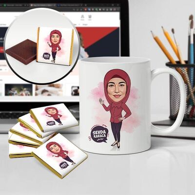 Kırmızı Başörtülü Kadın Karikatürlü Kupa ve Çikolata - 1