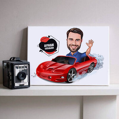 Kırmızı Spor Arabada Hız Yapan Erkek Karikatürlü Kanvas - 1
