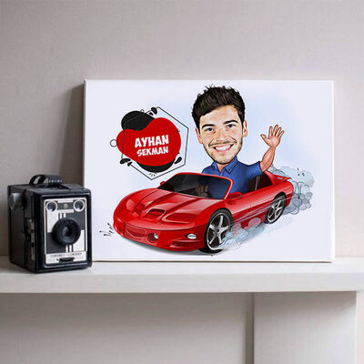 Kırmızı Spor Arabadaki Erkek Karikatürlü Kanvas - 1