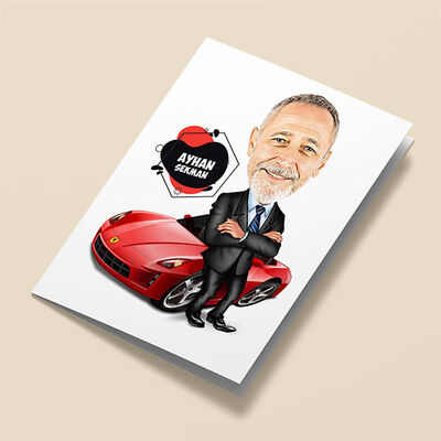 Kırmızı Spor Arabalı Erkek Karikatürlü Tebrik Kartı - 2