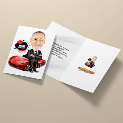 Kırmızı Spor Arabalı Erkek Karikatürlü Tebrik Kartı - 3