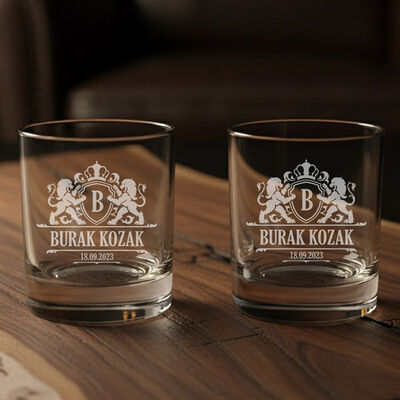Kişiye Özel Aslan Figürlü İkili Prestige Glass Viski Bardağı - 1