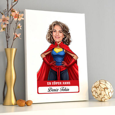 Kişiye Özel En Süper Anne Karikatürlü Kanvas Tablo - 1