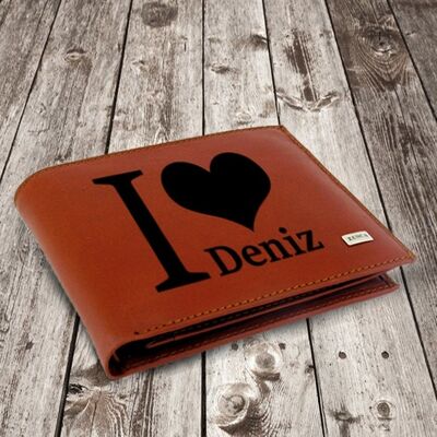 Kişiye Özel I LOVE Taba Deri Cüzdan - 1