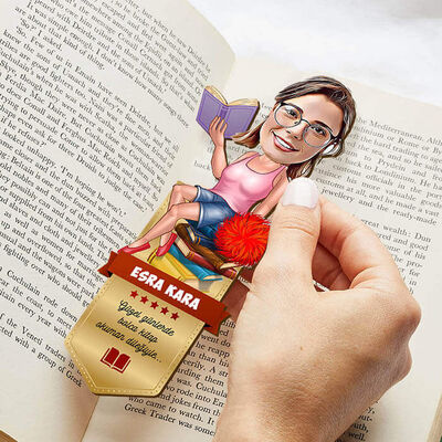 Kitap Kurdu Kadın Karikatürlü Kitap Ayracı - 2
