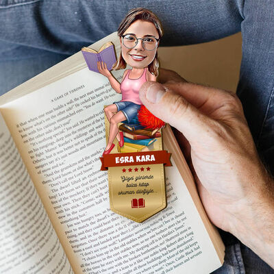Kitap Kurdu Kadın Karikatürlü Kitap Ayracı - 3