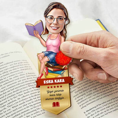 Kitap Kurdu Kadın Karikatürlü Kitap Ayracı - 4