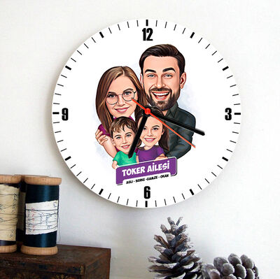 Kız ve Erkek Çocuklu Aile Karikatürlü Duvar Saati - 1