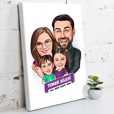 Kız ve Erkek Çocuklu Aile Karikatürlü Kanvas Tablo - 1