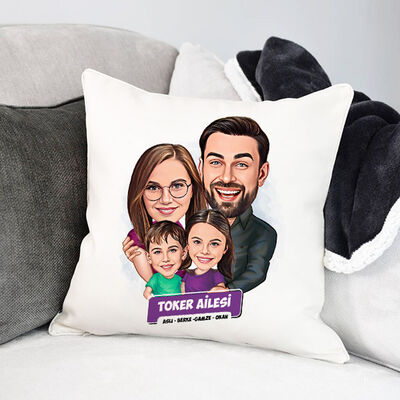 Kız ve Erkek Çocuklu Aile Karikatürlü Yastık - 1