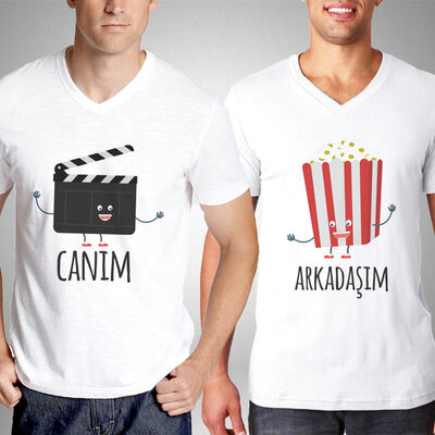 Klaket ve Popcorn Erkek Arkadaş Tişörtü - 1