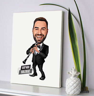 Klarnet Çalan Erkek Karikatürlü Kanvas Tablo - 1