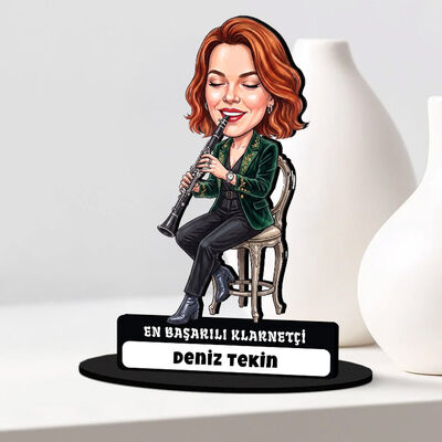 Klarnet Sanatçısı Müzisyen Kadın Karikatürlü Biblo - 1