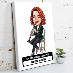 Klarnet Sanatçısı Müzisyen Kadın Karikatürlü Kanvas Tablo