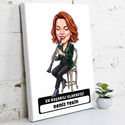 Klarnet Sanatçısı Müzisyen Kadın Karikatürlü Kanvas Tablo - 1