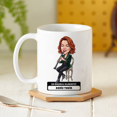 Klarnet Sanatçısı Müzisyen Kadın Karikatürlü Kupa Bardak - 1