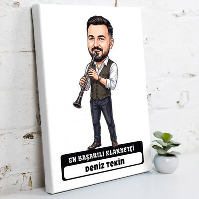 Klarnetçi Müzisyen Erkek Karikatürlü Kanvas Tablo - 1